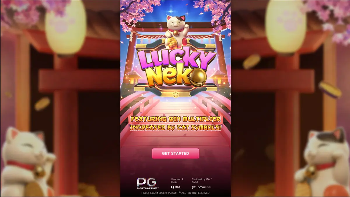 Lucky Neko slot base game — 6-reel grid with Maneki-neko symbols and 32,400 ways to win