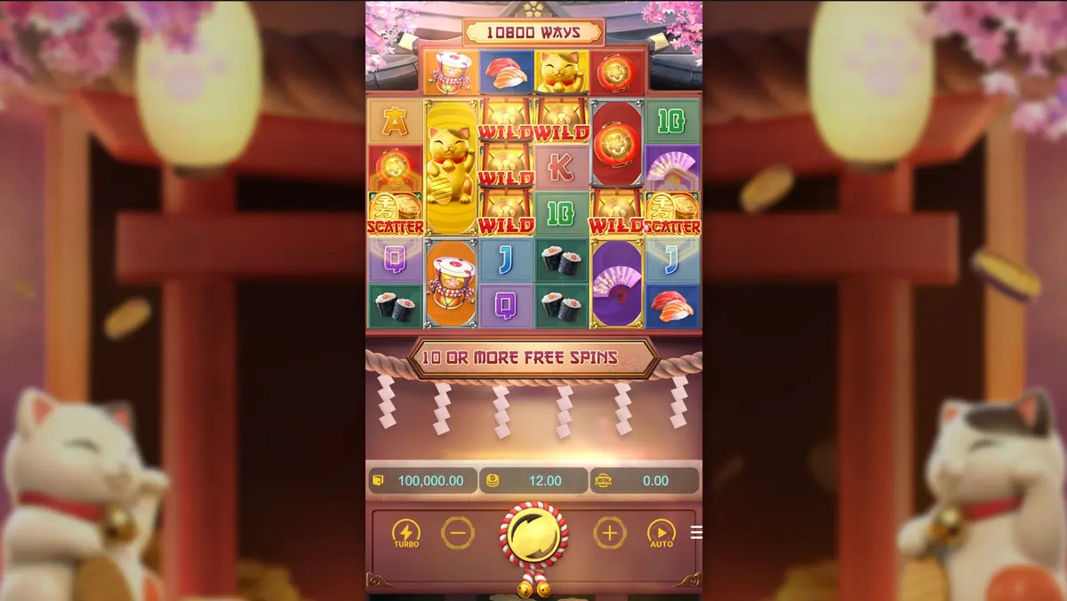 Lucky Neko Gigablox cascade — 4×4 oversized cat symbol filling 16 grid positions during bonus round